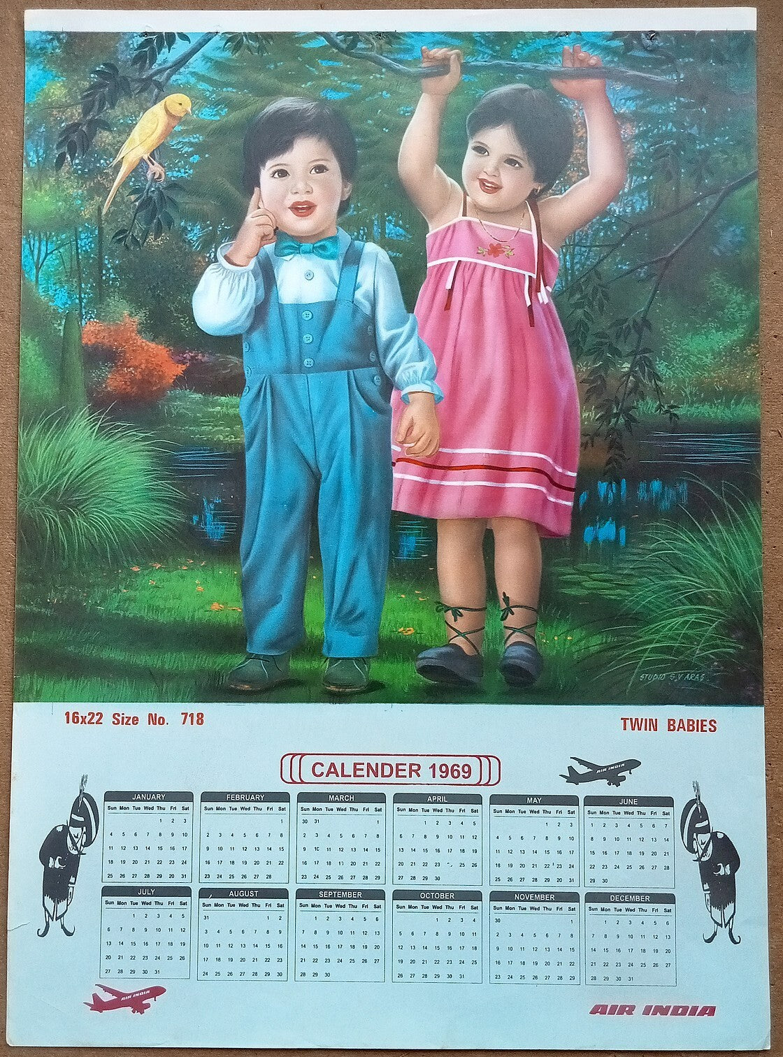AIR INDIA 1969 poster calender 718 - TWIN BABIES - STUDIO : S. V. VARAS - R