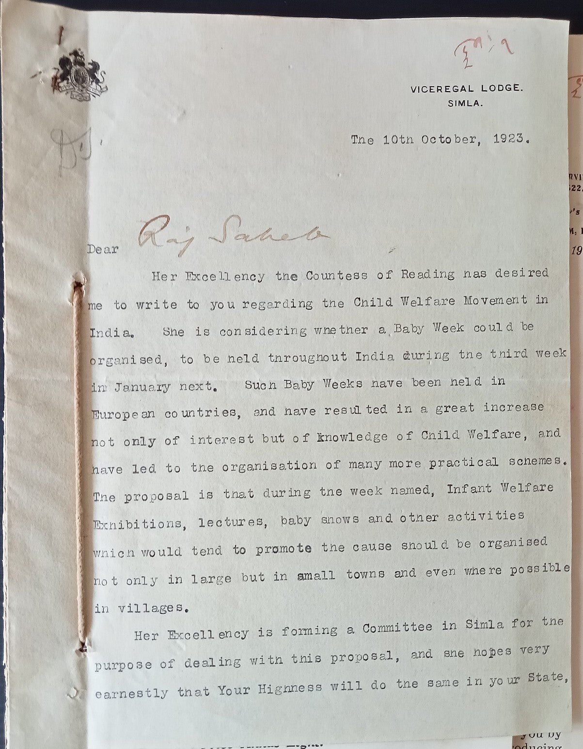 India Vicergal Lodge 1923 National Baby Week correspondence & literature