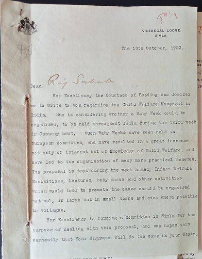 India Vicergal Lodge 1923 National Baby Week correspondence & literature
