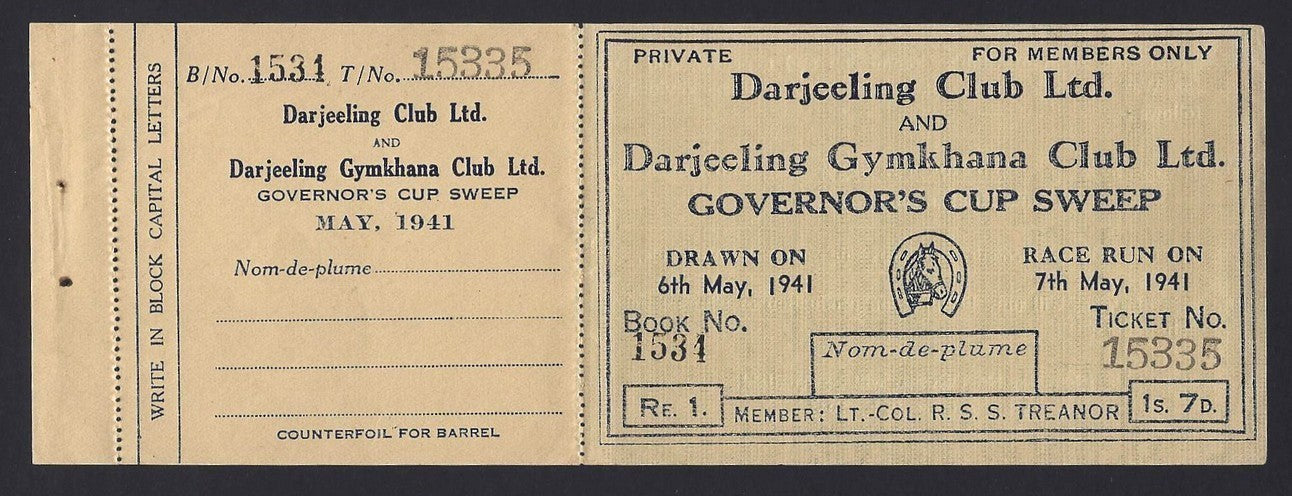 India 1941 Darjeeling Gymkhana Club Governor’s Cup Sweep Re.1 ticket