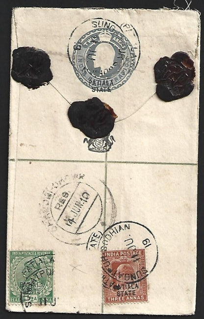 India PATIALA STATE KEdVII 2a blue regd envelope used SUNGATPUR-SODHIAN. HG #C3