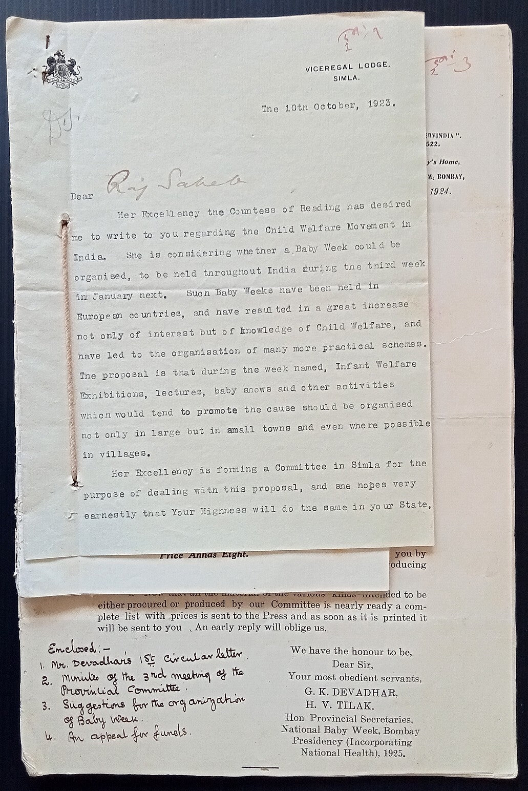India Vicergal Lodge 1923 National Baby Week correspondence & literature