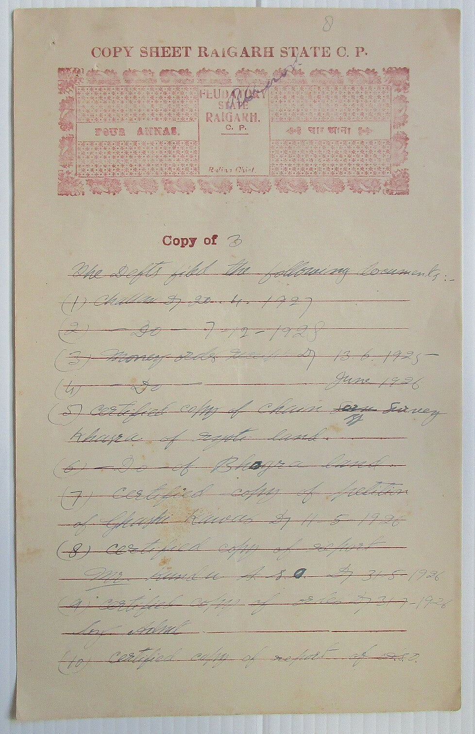 India Raigarh State C.P. Type 3 4a Copy Stamp Paper