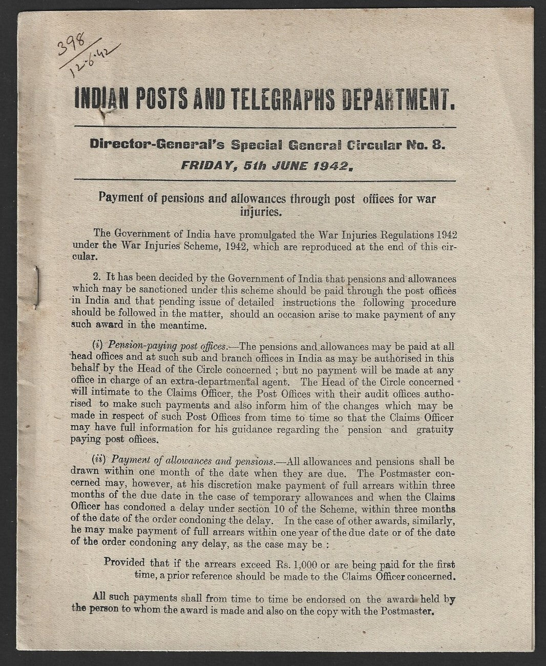 India POSTAL CIRCULAR #8 5th June 1942 Payment via Post Offices for War Injuries