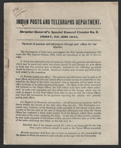 India POSTAL CIRCULAR #8 5th June 1942 Payment via Post Offices for War Injuries