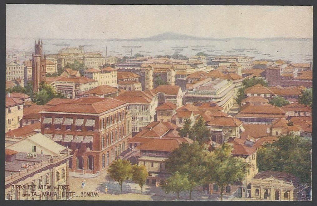 India BOMBAY vintage Art postcard Bird’s Eye View of Fort from Taj Mahal Hotel