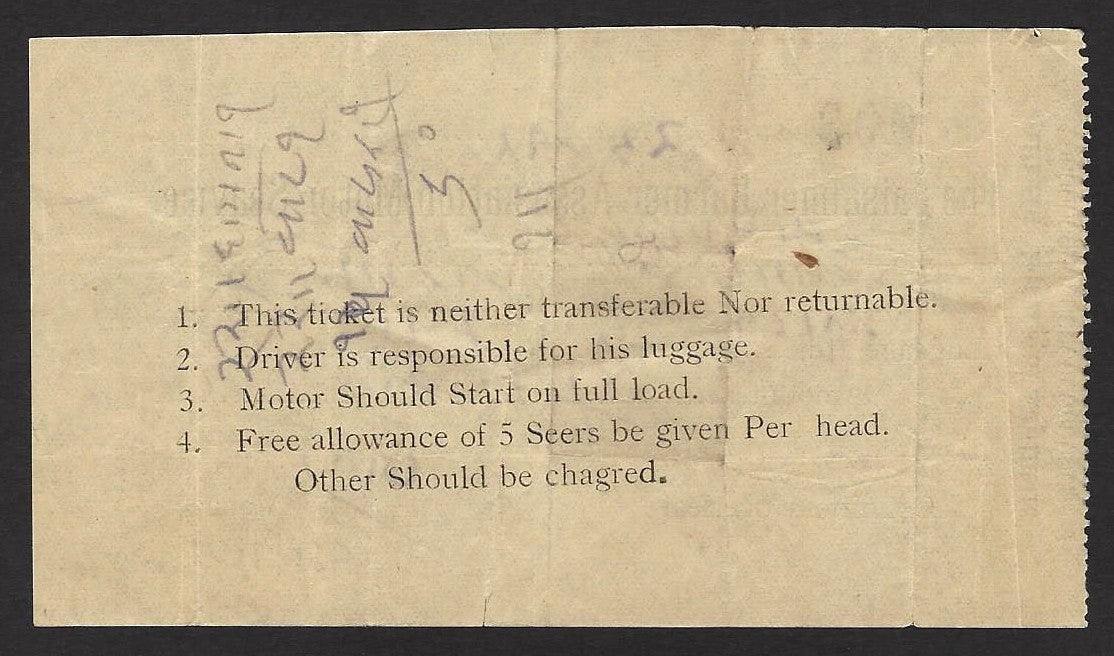 India 1930 Jaisalmer Barmer Motor Service ticket
