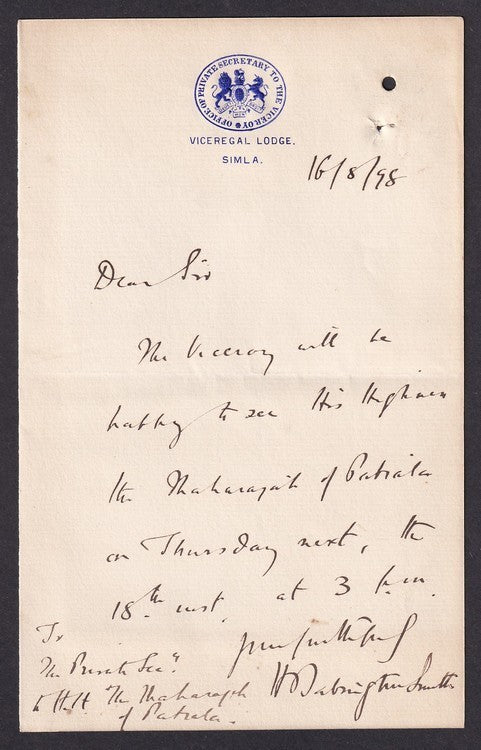 India 1898 crested letter PRIVATE SECRETARY'S OFFICE / VICEREGAL LODGE, SIMLA