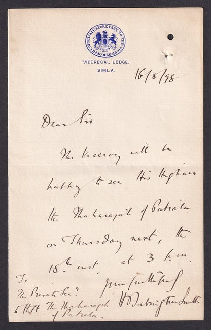 India 1898 crested letter PRIVATE SECRETARY'S OFFICE / VICEREGAL LODGE, SIMLA