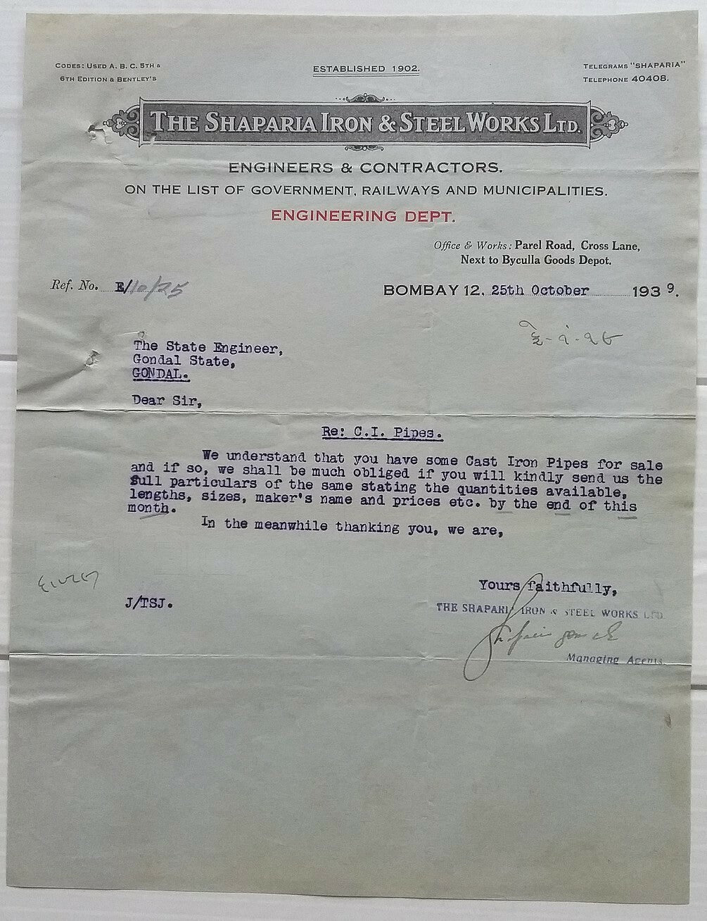 India Shaparia Iron & Steel Works Bombay 1939 letterhead to Maharaja of Gondal