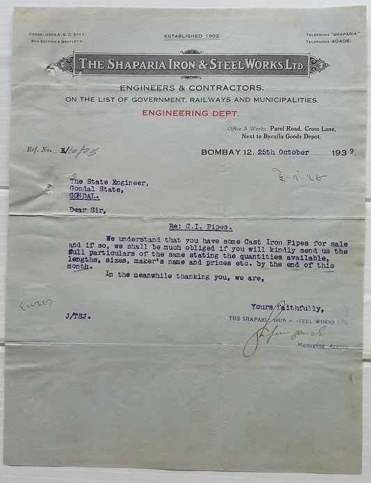 India Shaparia Iron & Steel Works Bombay 1939 letterhead to Maharaja of Gondal