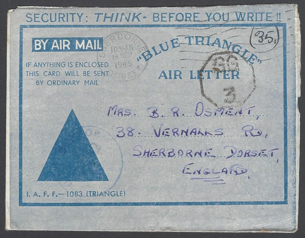 AOP India WW2 IAFF  BLUE TRIANGLE air letter with GG/3 censor to UK