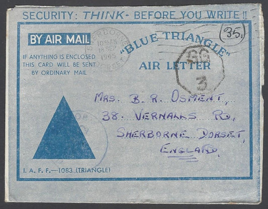 AOP India WW2 IAFF  BLUE TRIANGLE air letter with GG/3 censor to UK