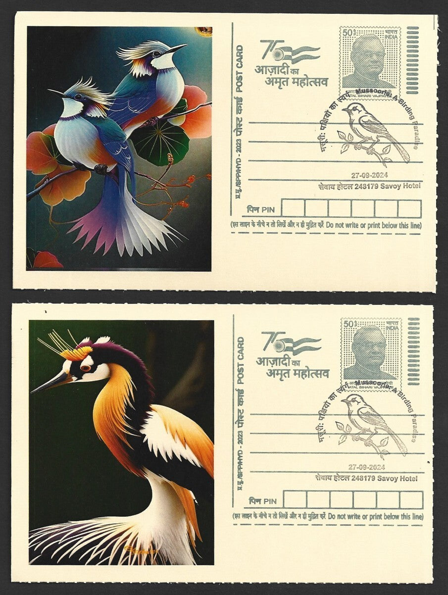 India 2024 Birding Paradise Savoy Hotel postmarks on cards BIRD PAINTINGS (10)