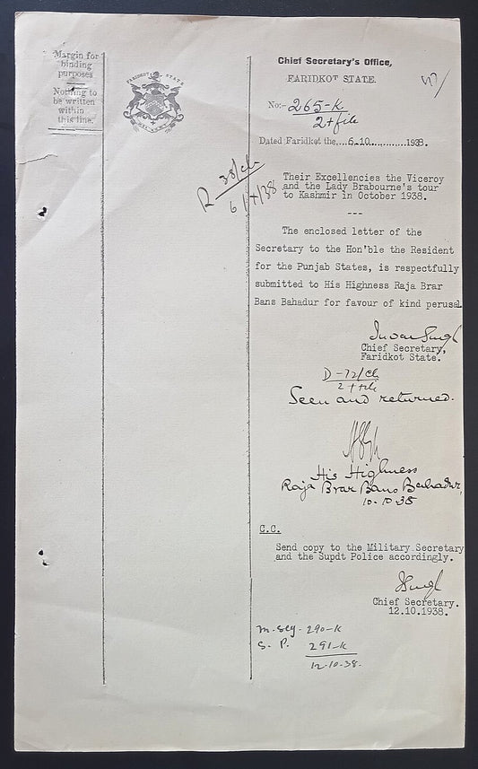 India 1946 crested letter FARIDKOT STATE signed Raja Brar Bans Bahadur