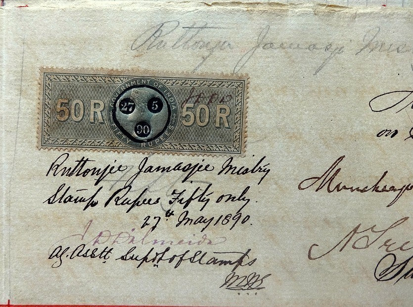 India 1890 Indenture Port of Bombay with QV 1867 50R revenue stamp