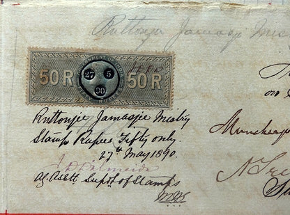 India 1890 Indenture Port of Bombay with QV 1867 50R revenue stamp