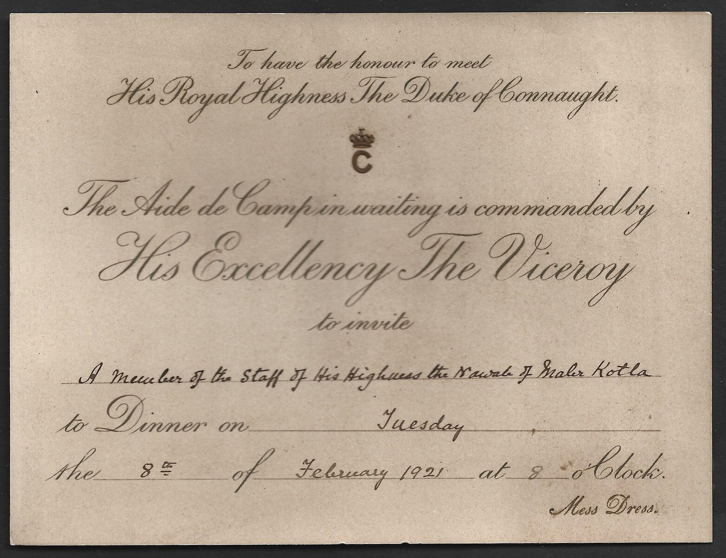 1921 Duke of Connaught INDIA VISIT Dinner invitation