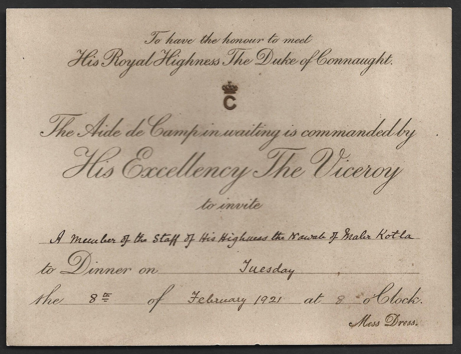 1921 Duke of Connaught INDIA VISIT Dinner invitation