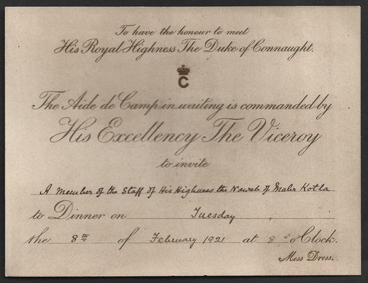 1921 Duke of Connaught INDIA VISIT Dinner invitation