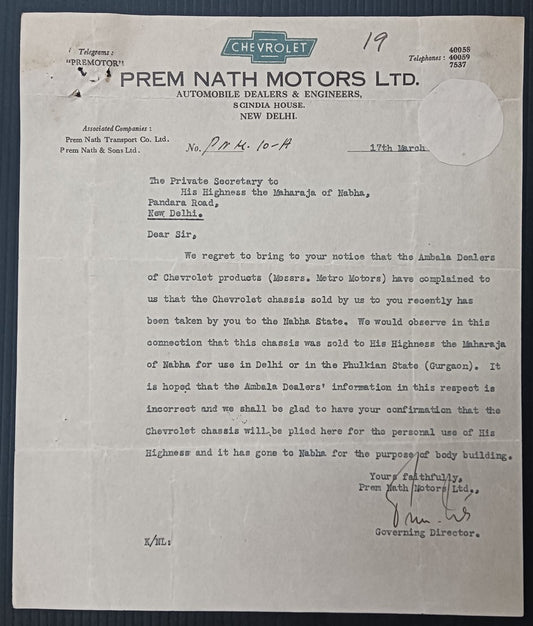 India 1947 PREMNATH MOTORS LTD., Delhi CHEVROLET letterhead, etc.