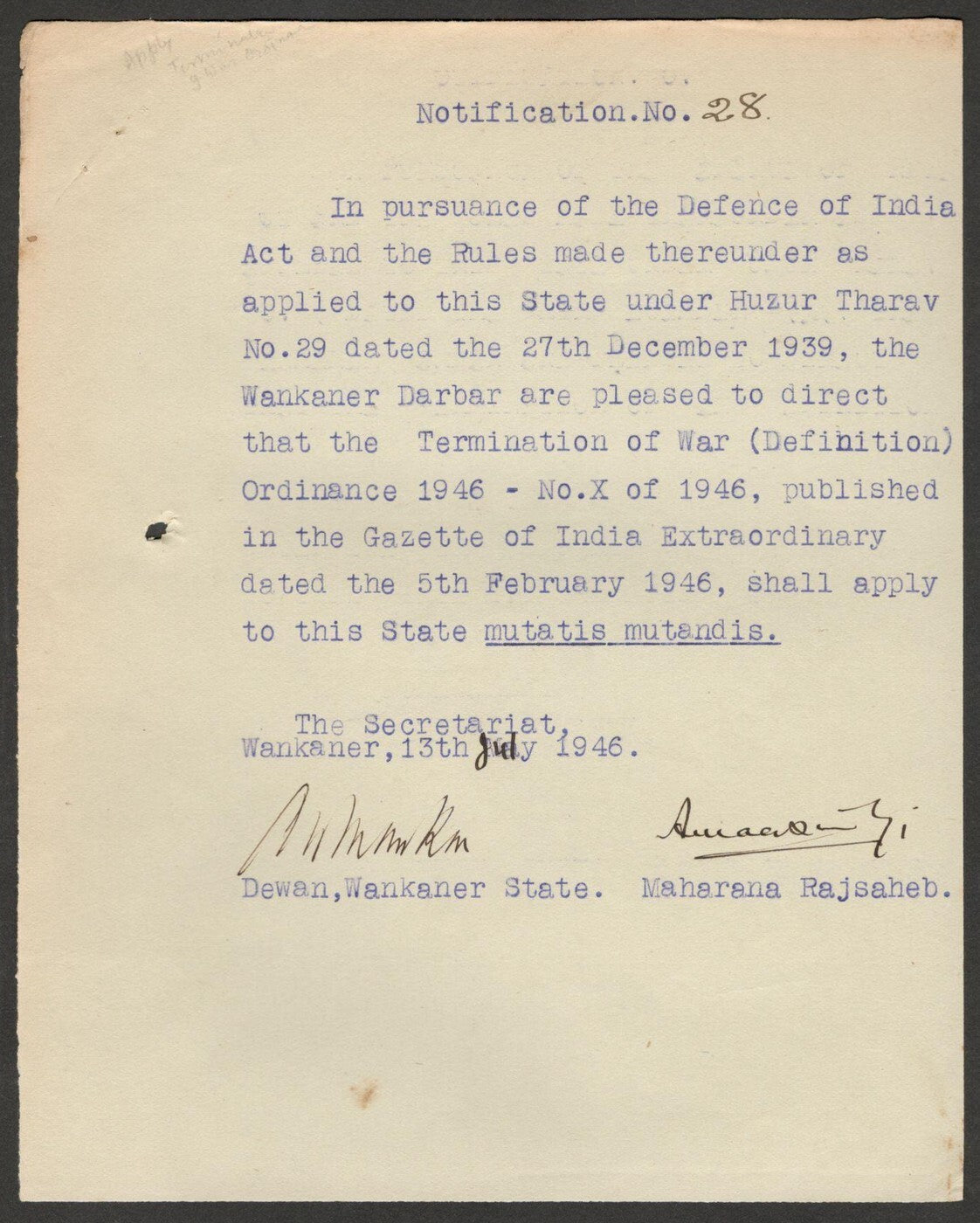 India 1946 TERMINATION OF WAR ORDINANCE signed Amar Singh MAHARAJA of WANKANER