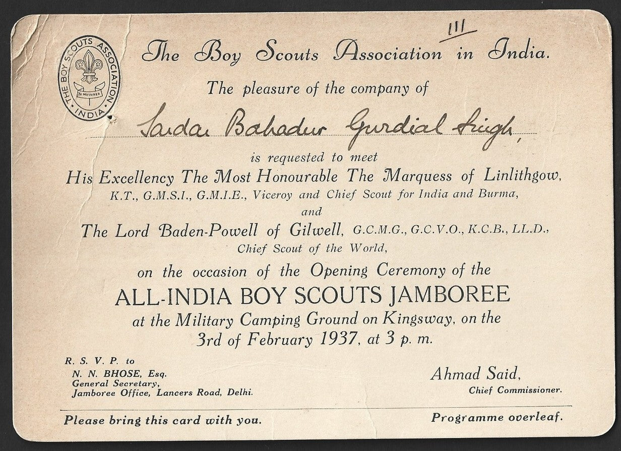 ALL INDIA BOY SCOUTS JAMBOREE 1937 Baden Powell visit invitation card