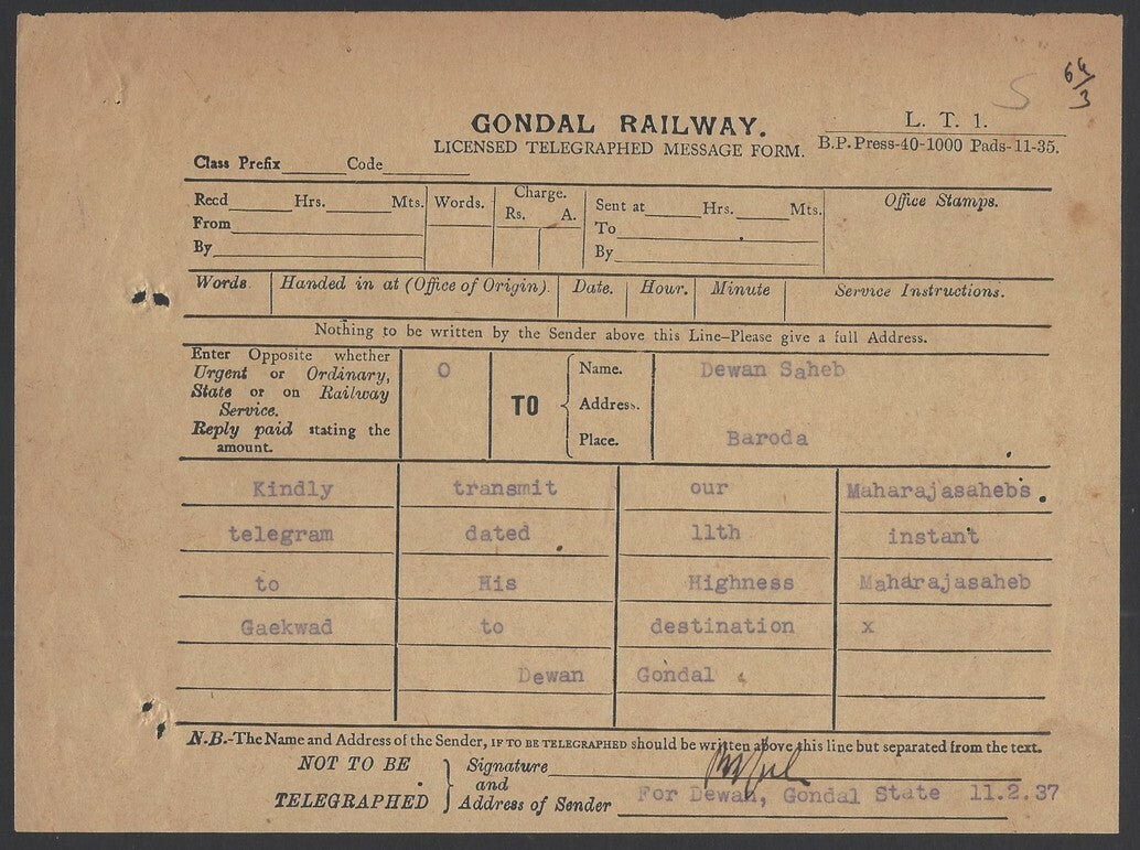 India Maharaja Gaekwad Baroda KCIE congrats telegram from Cairo & signed reply