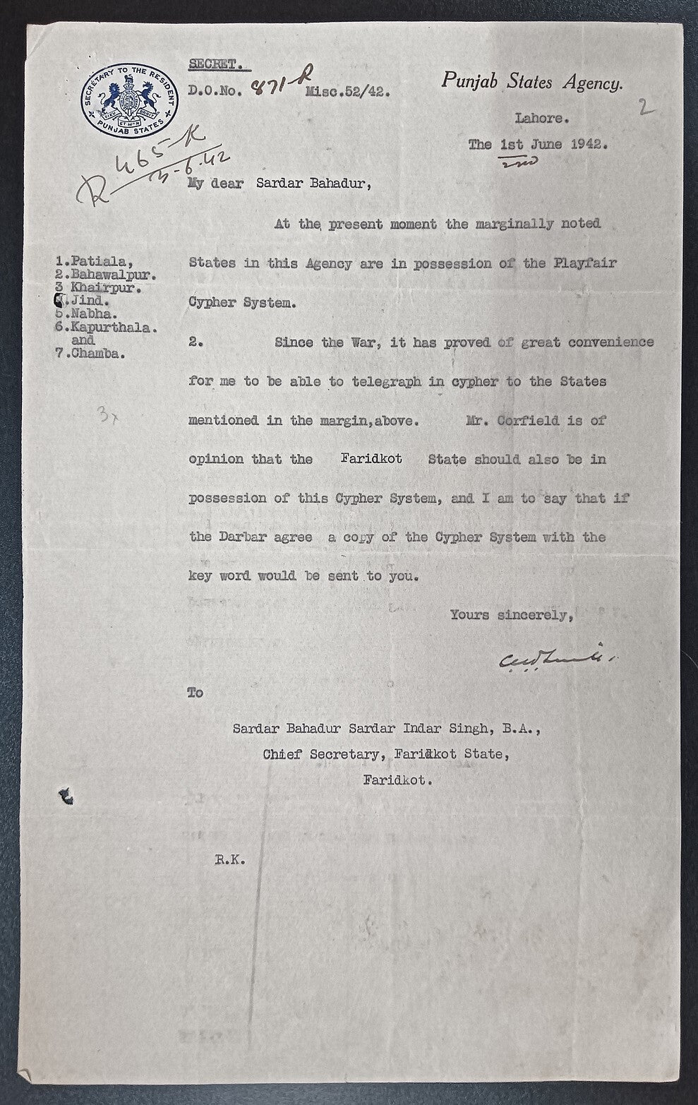 India 1942 crested letter SECRETARY TO RESIDENT PUNJAB STATES Playfair Cypher