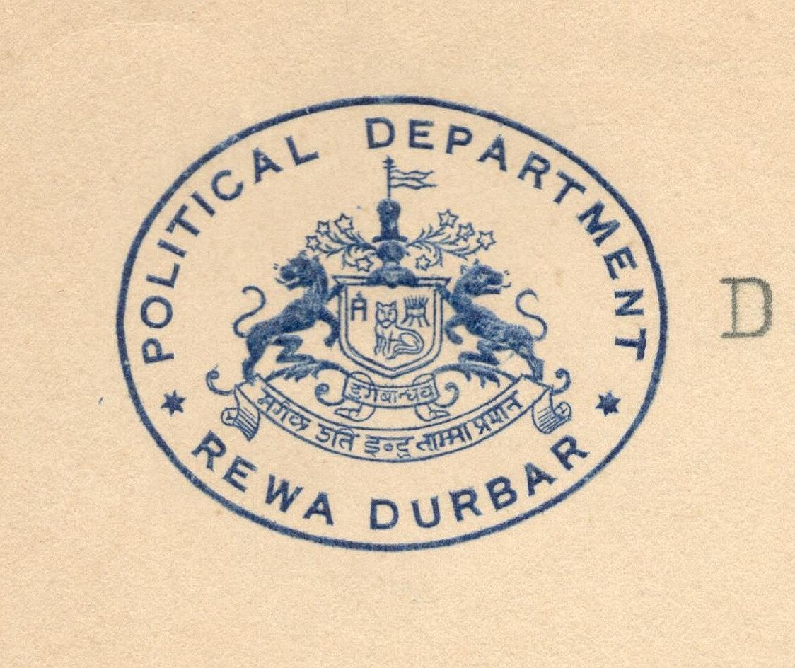 India 1938 crested letter POLICITICAL DEPARTMENT/REWA DURBAR signed
