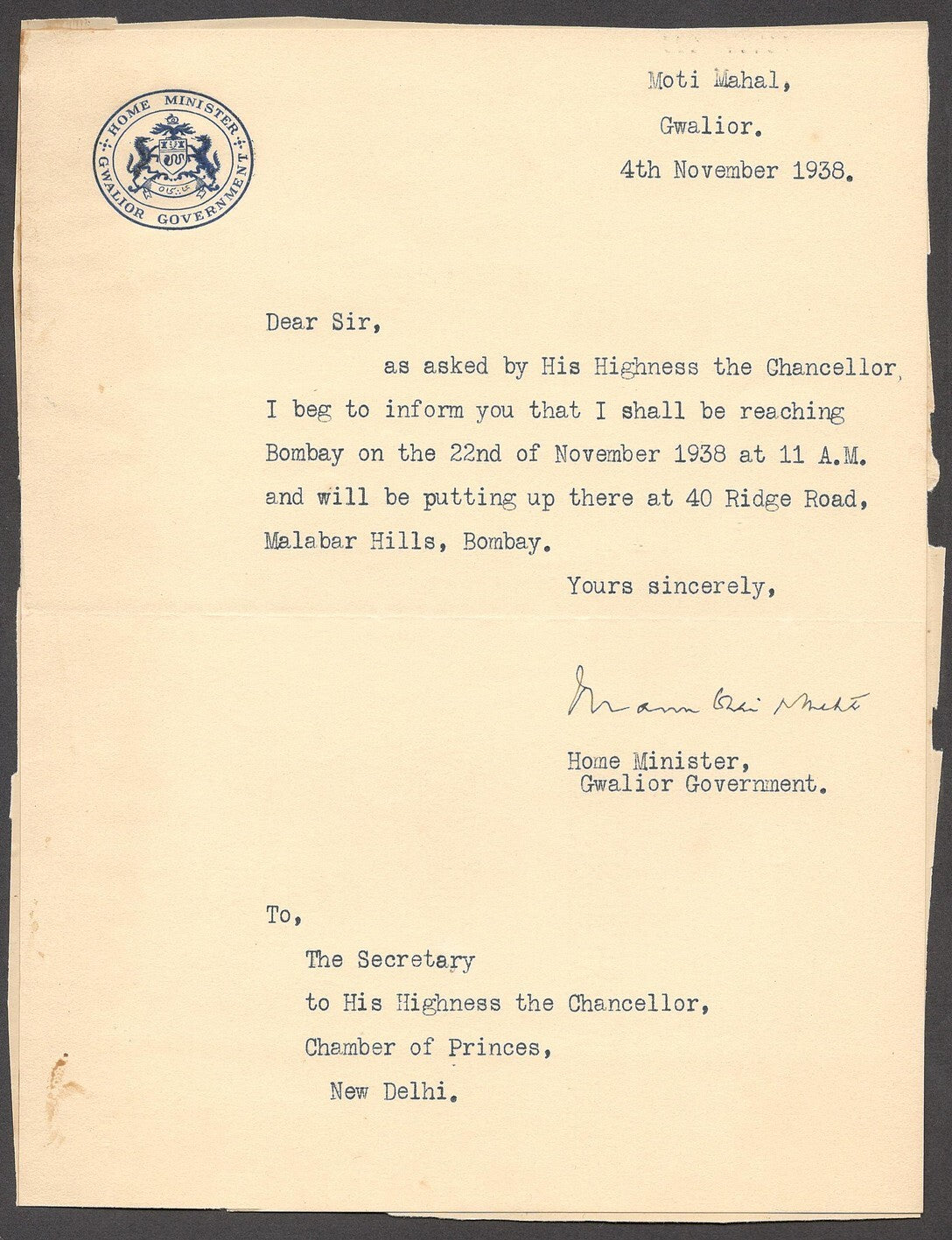 India 1938 crested letter HOME MINISTER / GWALIOR GOVERNMENT signed
