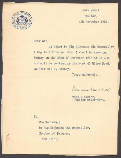 India 1938 crested letter HOME MINISTER / GWALIOR GOVERNMENT signed