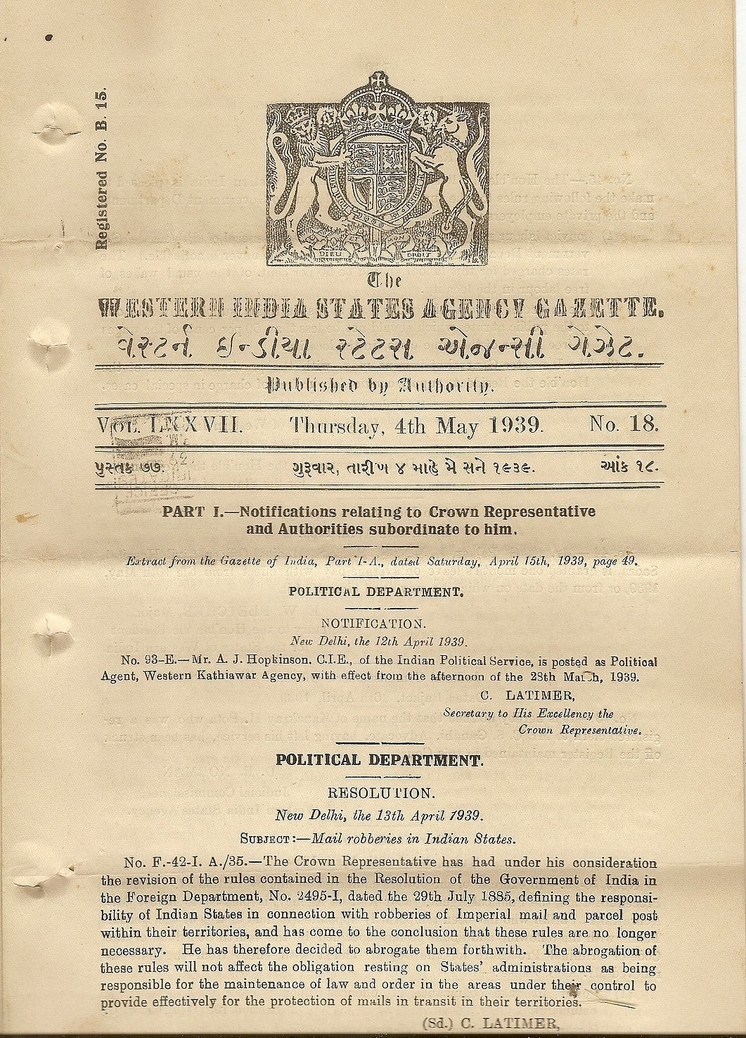 India 1939 WISA Gazette about robberies of Imperial Mail & convict labour 8 pgs