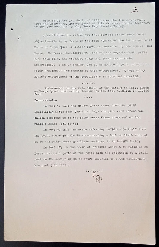 India 1939 Official letter ordering cuts in the movie SHAME OF THE NATION
