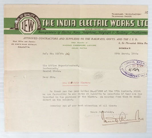 AOP India Electric Works Ltd. Bombay 1944 illustrated letterhead 
