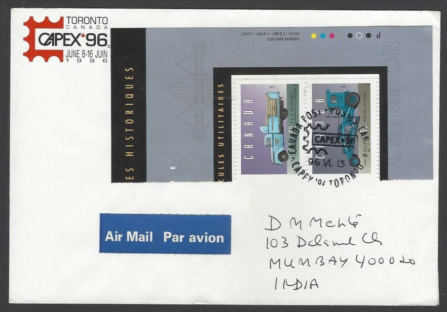 AOP Canada 1996 Historical Vehicles 52c pair on cover to India	