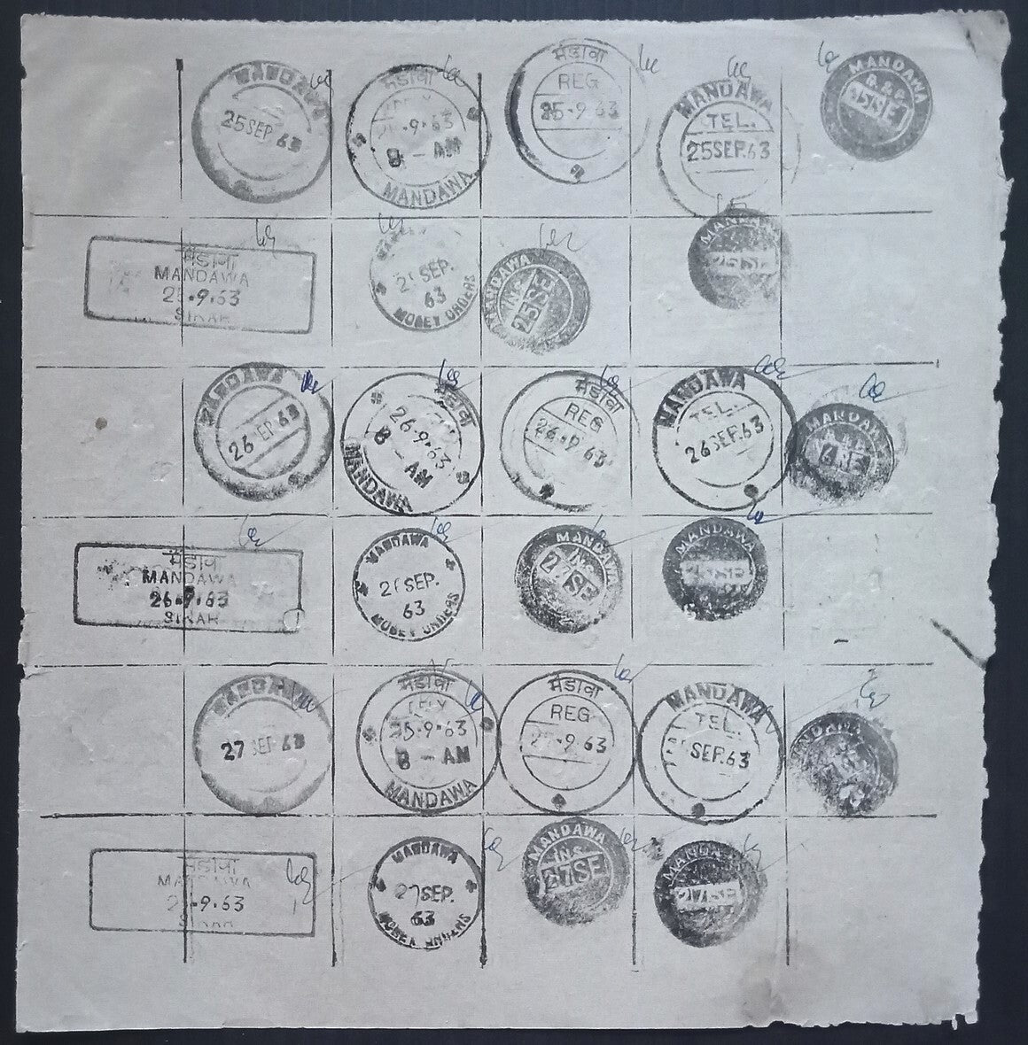 India 1955-67 Post Office daily postmark proof impression sheets (24)