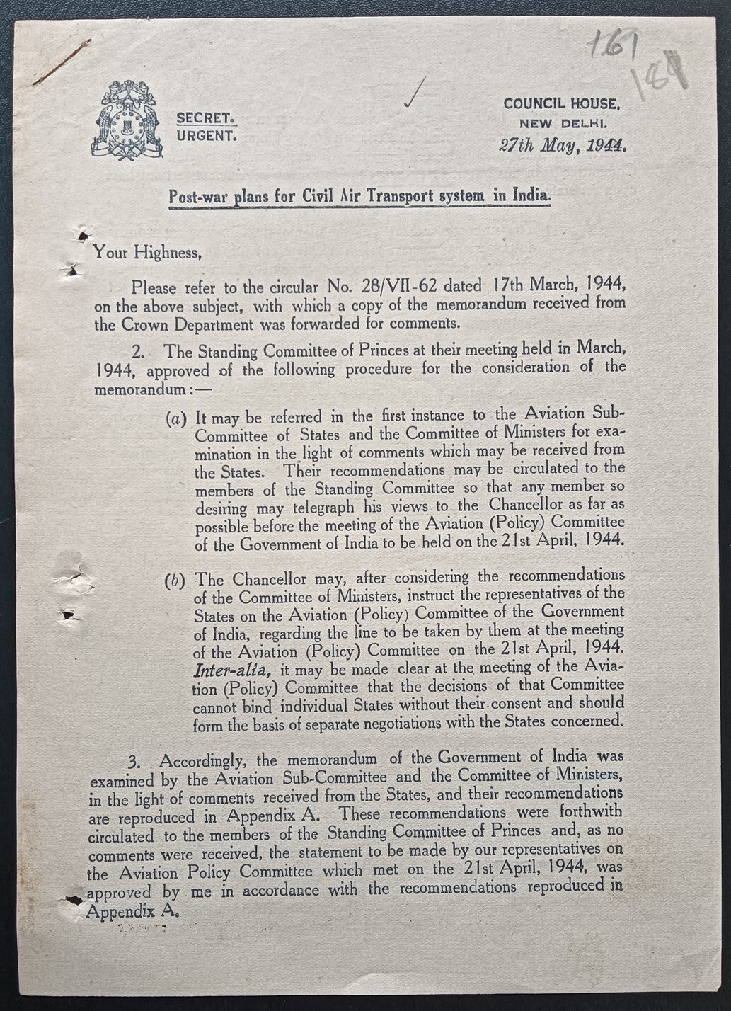 India 1944 crested printed Post War plans for CIVIL AIR TRANSPORTATION
