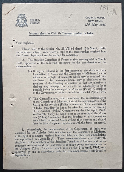 India 1944 crested printed Post War plans for CIVIL AIR TRANSPORTATION