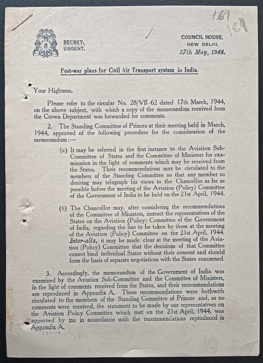 India 1944 crested printed Post War plans for CIVIL AIR TRANSPORTATION