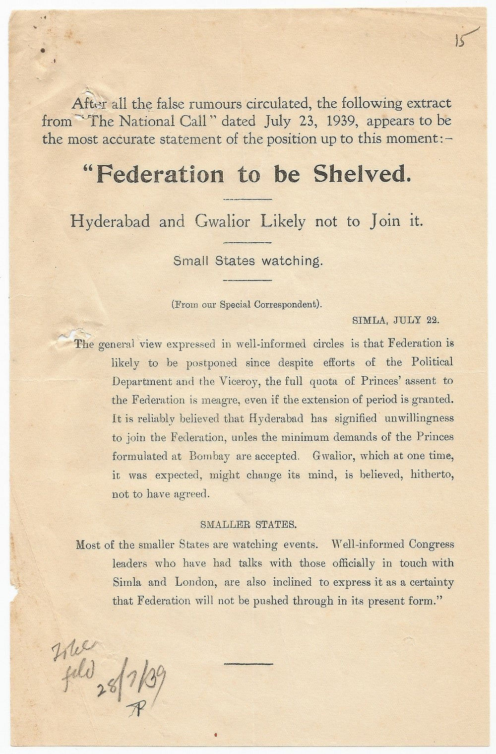 India -  Federtion To Be Shelved 1939 flyer leaflet