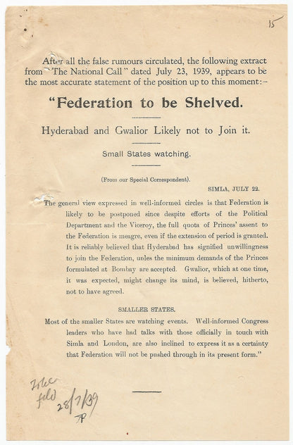 India -  Federtion To Be Shelved 1939 flyer leaflet