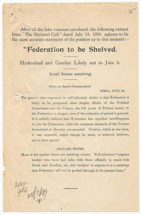 India -  Federtion To Be Shelved 1939 flyer leaflet