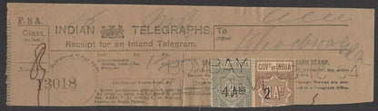 India 1904 Telegraph receipt wi 1904 provisional telegraphs stamps 2a/8a & 4a/1R