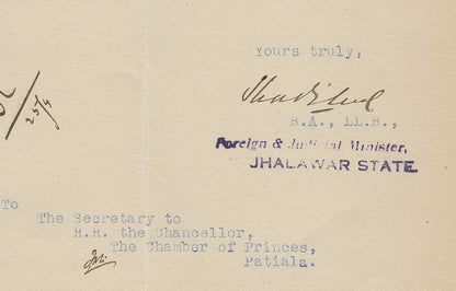 India 1930 crested letter OFFICE FOREIGN & JUDICIAL MINISTER * JHALAWAR STATE