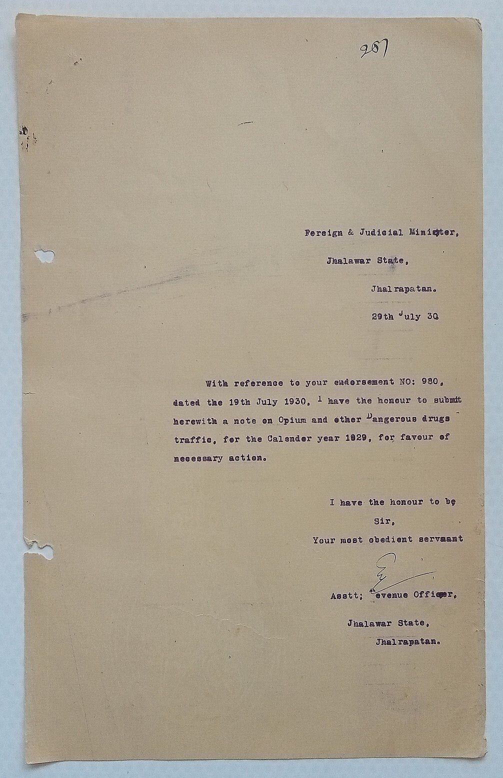 AOP India Official correspondence - OPIUM & OTHER DANGEROUS DRUG 1930