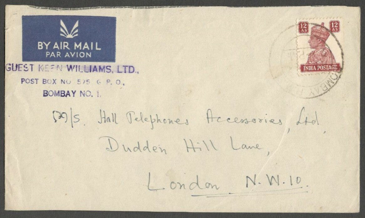 AOPIMT India KGVI 12a single franking on neat 1940s cover to England