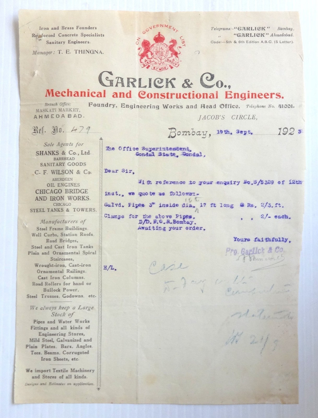 India 1923 illustrated letterhead GARLICK & CO Mechanical Engineers