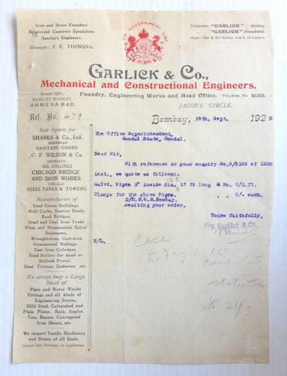 India 1923 illustrated letterhead GARLICK & CO Mechanical Engineers