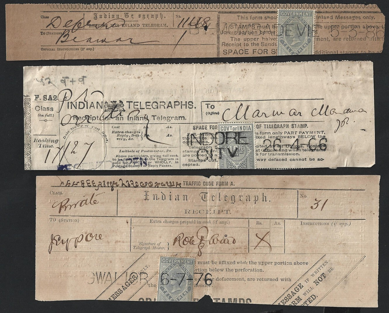 India collection of town postmarks on QV-KEdVII telegraph receipts (14)